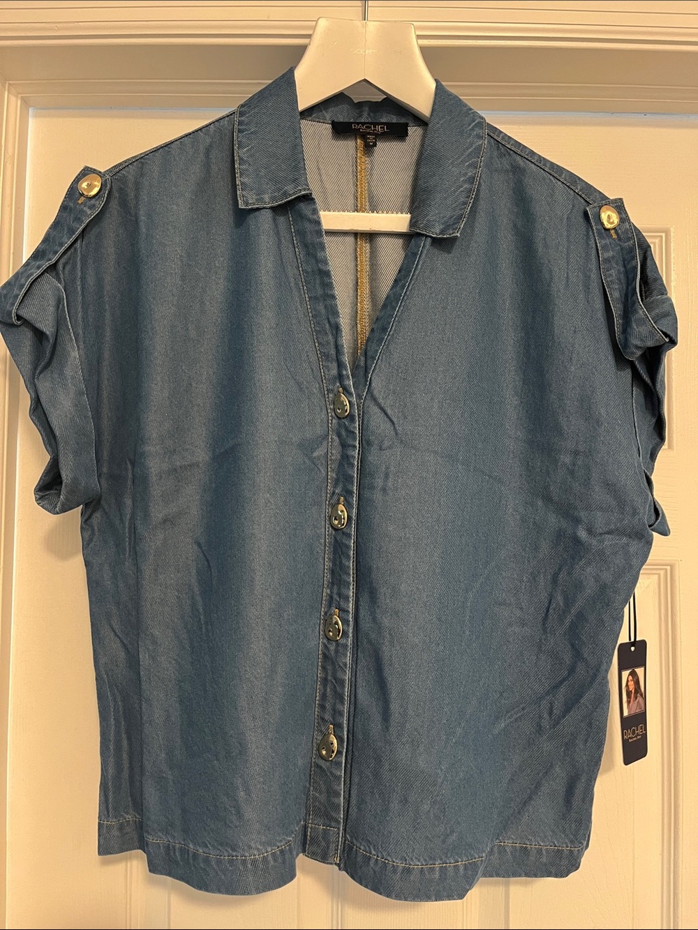 RACHEL Rachel Roy Blue Denim Button-Front Short Sleeve Shirt